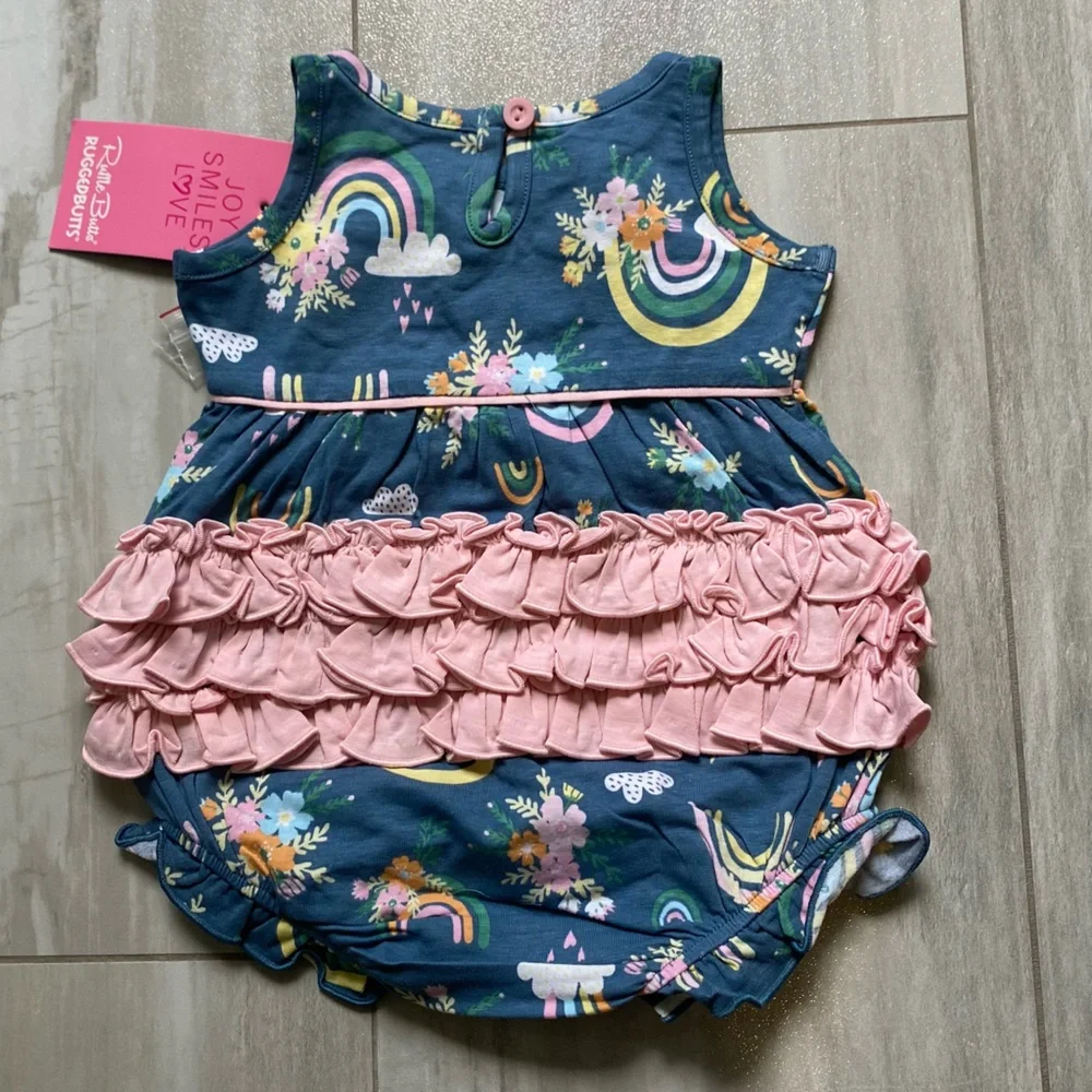 NWT RuffleButts Dark Blue & Pink Floral Rainbows Ruffles Bubble Romper, 0-3M